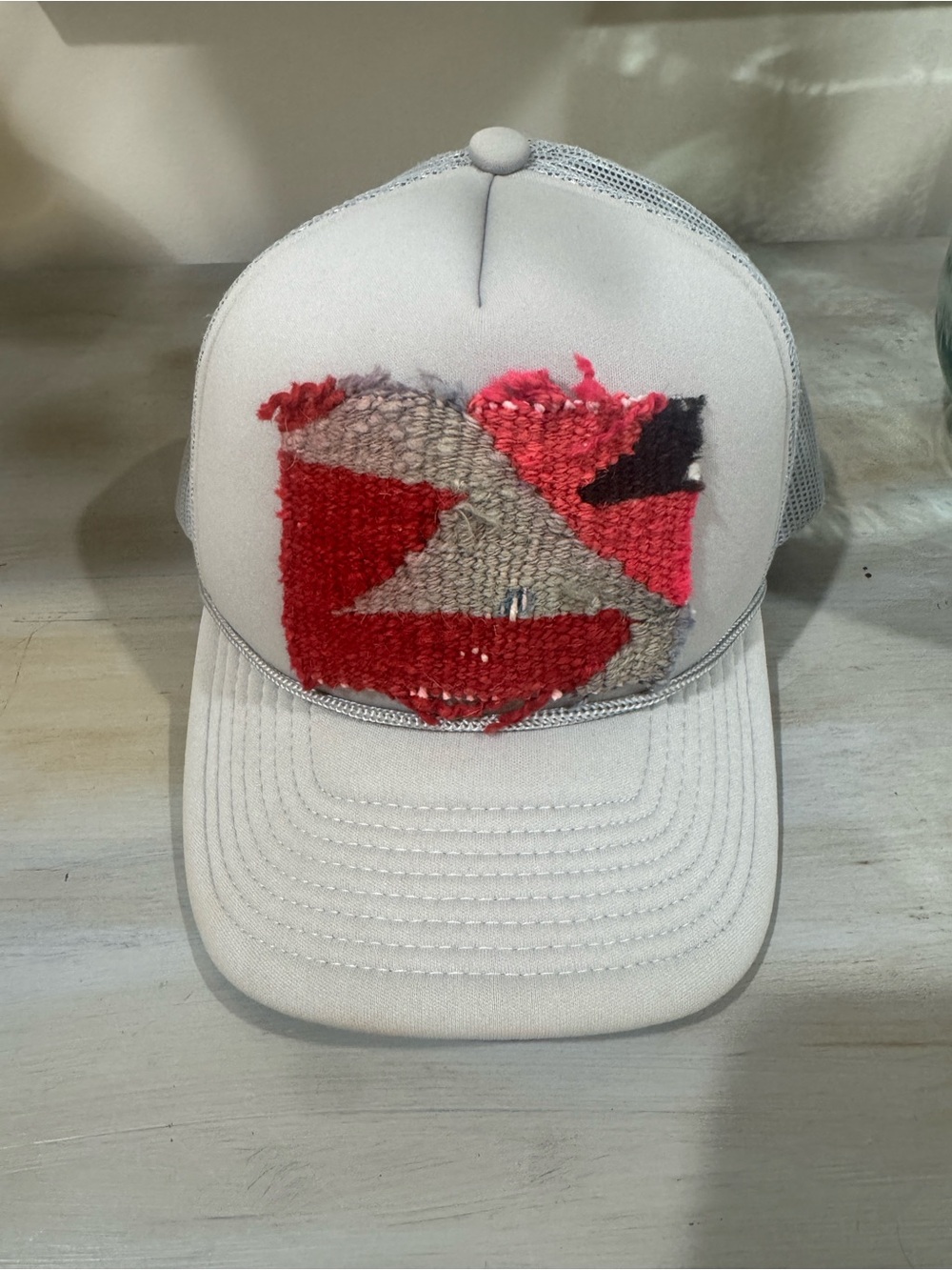 Gray Mesh Kilim Trucker Hat with Red & Pink Patchwork